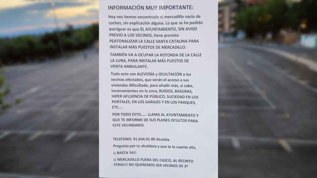 “INFORMACIÓN MUY IMPORTANTE” CARTEL ANÓNIMO DE ADVERTENCIA DE LOS VECINOS DEL&nbsp;MERCADILLO